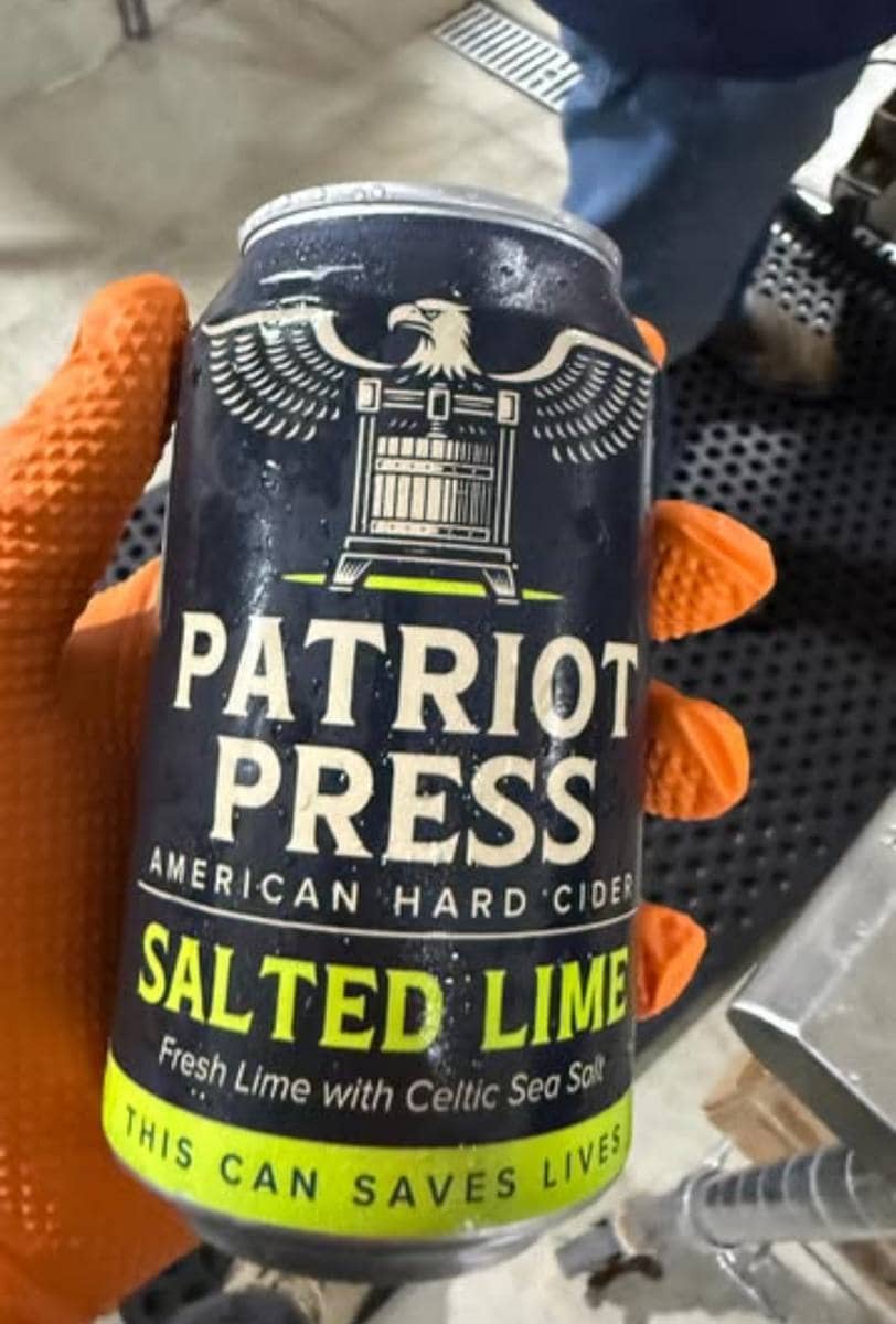 A freshly filled can of Patriot Press hard cider